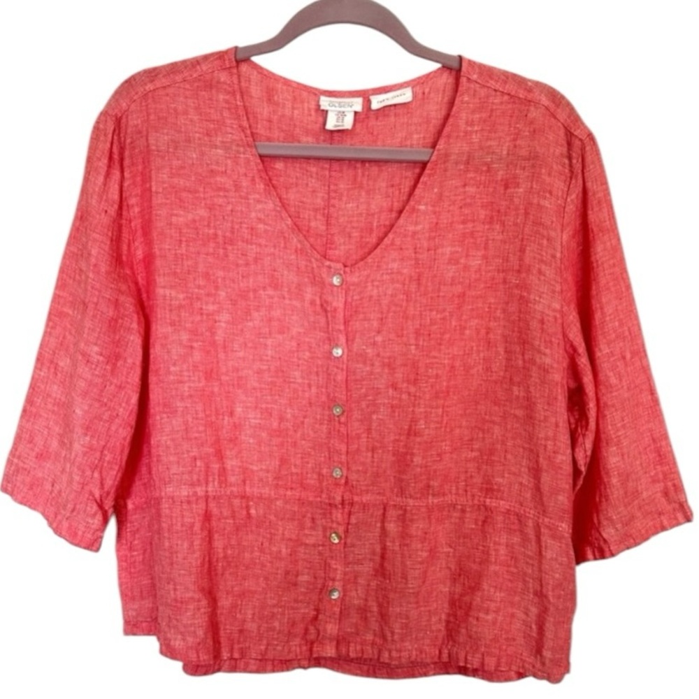 Sigrid Olsen 100% Red/Pink Linen Button Top-Size Medium